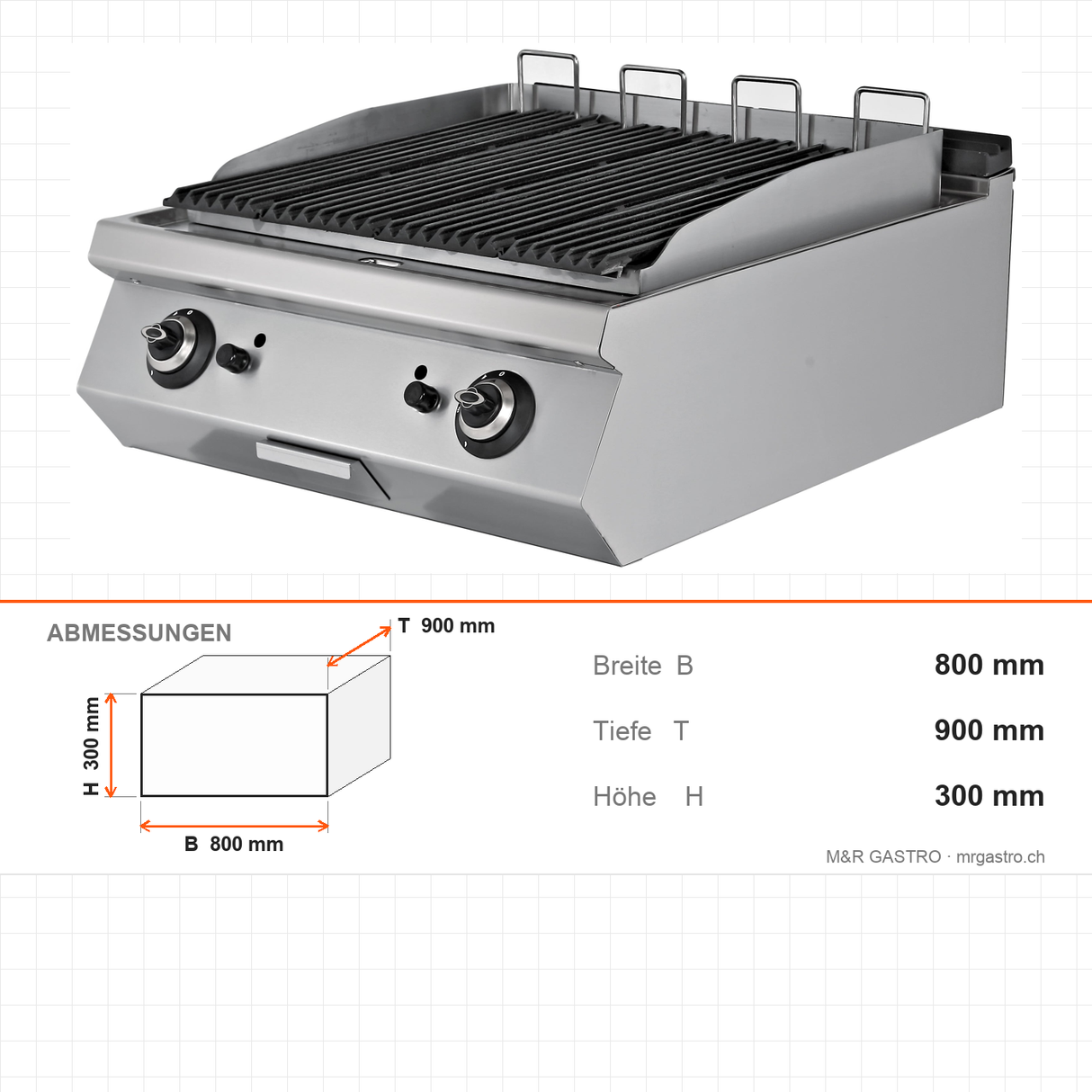 Gas-Lavasteingrill, 20,6 kW, 2 Heizzonen, Piezozündung, Edelstahl, 800×900×300 mm, Serie 900 – Abmessungen
