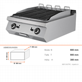 Gas-Lavasteingrill, 20,6 kW, 2 Heizzonen, Piezozündung, Edelstahl, 800×900×300 mm, Serie 900 – Abmessungen