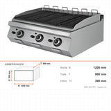 Gas-Lavasteingrill, 30,9 kW, 2 Heizzonen, Piezozündung, Edelstahl, 1200×900×300 mm, Serie 900 – Abmessungen