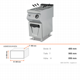Elektro-Nudelkocher, 12 kW, Edelstahlkörbe, Wasserfüllhahn, Ablaufventil, 400V, 400×900×850 mm, Serie 900 – Abmessungen