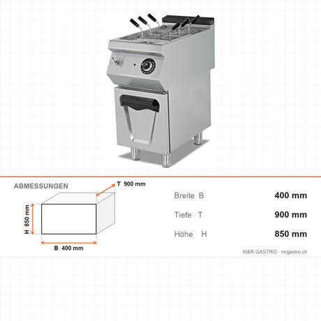 Elektro-Nudelkocher, 12 kW, Edelstahlkörbe, Wasserfüllhahn, Ablaufventil, 400V, 400×900×850 mm, Serie 900 – Abmessungen