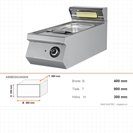 Pommes-Warmhalteeinheit, 0,65 kW, Infrarotheizung, GN 1/1-150, 230V, Edelstahl, 400×900×300 mm, Serie 900 – Abmessungen