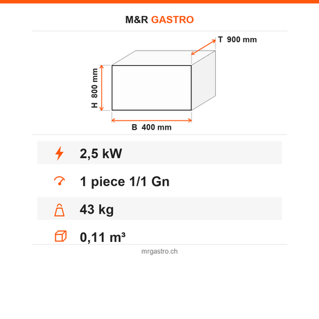Elektro-Bain-Marie, 1x GN 1/1, 2,5 kW, Thermostat, Ablassventil, 230V, Edelstahl, 400×900×800 mm, Serie 900 – Technische Daten