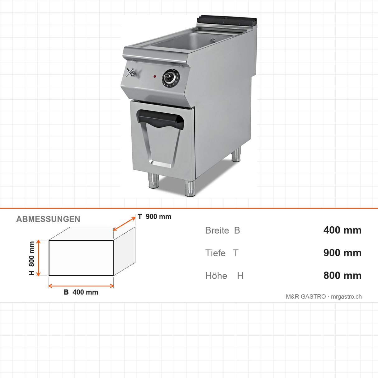 Elektro-Bain-Marie, 1x GN 1/1, 2,5 kW, Thermostat, Ablassventil, 230V, Edelstahl, 400×900×800 mm, Serie 900 – Abmessungen
