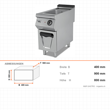 Elektro-Bain-Marie, 1x GN 1/1, 2,5 kW, Thermostat, Ablassventil, 230V, Edelstahl, 400×900×800 mm, Serie 900 – Abmessungen
