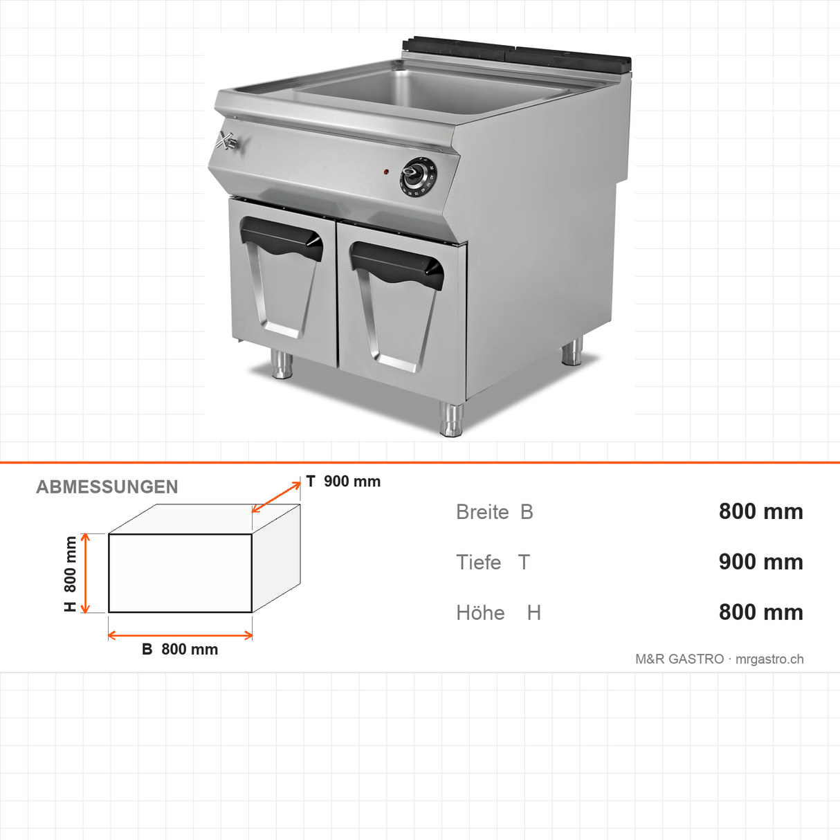 Elektro-Bain-Marie, 2x GN 1/1, 4,4 kW, Thermostat, Ablassventil, 230V, Edelstahl, 800×900×800 mm, Serie 900 – Abmessungen