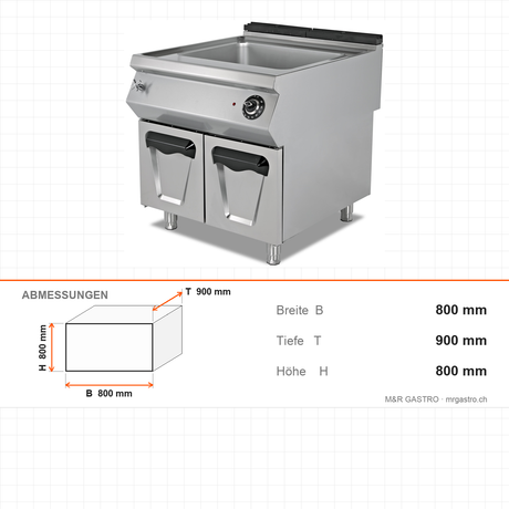 Elektro-Bain-Marie, 2x GN 1/1, 4,4 kW, Thermostat, Ablassventil, 230V, Edelstahl, 800×900×800 mm, Serie 900 – Abmessungen