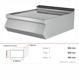 Arbeitsplatte, 1/1 Modul, Edelstahl, hygienisch, 800×900×300 mm, Serie 900 – Abmessungen