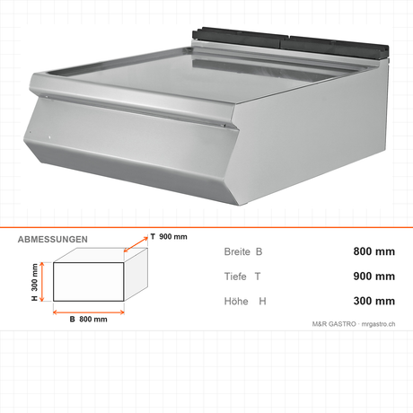 Arbeitsplatte, 1/1 Modul, Edelstahl, hygienisch, 800×900×300 mm, Serie 900 – Abmessungen