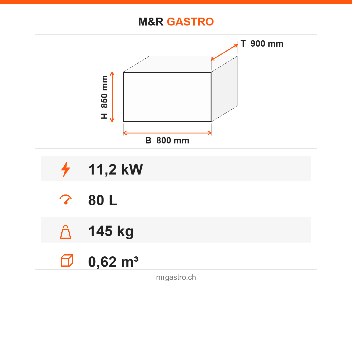 Gas-Kippbratpfanne, 80 Liter, 11,2 kW, Handhebung, Edelstahl, 800×900×850 mm, Serie 900 – Technische Daten
