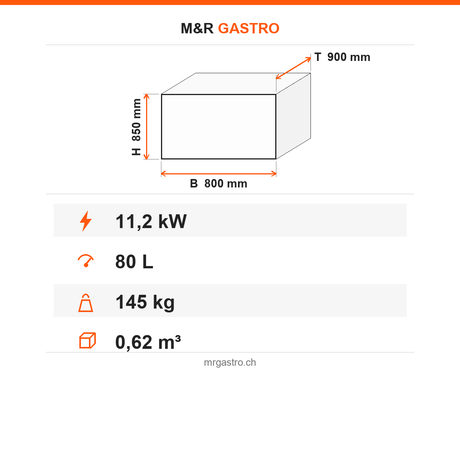 Gas-Kippbratpfanne, 80 Liter, 11,2 kW, Handhebung, Edelstahl, 800×900×850 mm, Serie 900 – Technische Daten
