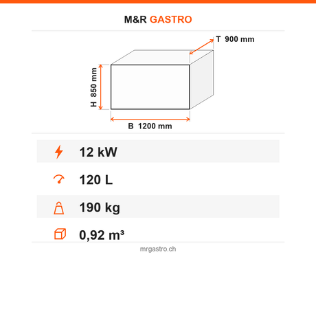 Elektro-Kippbratpfanne, 120 Liter, 12 kW, Handhebung, Thermostat, 400V, Edelstahl, 1200×900×850 mm, Serie 900 – Technische Daten