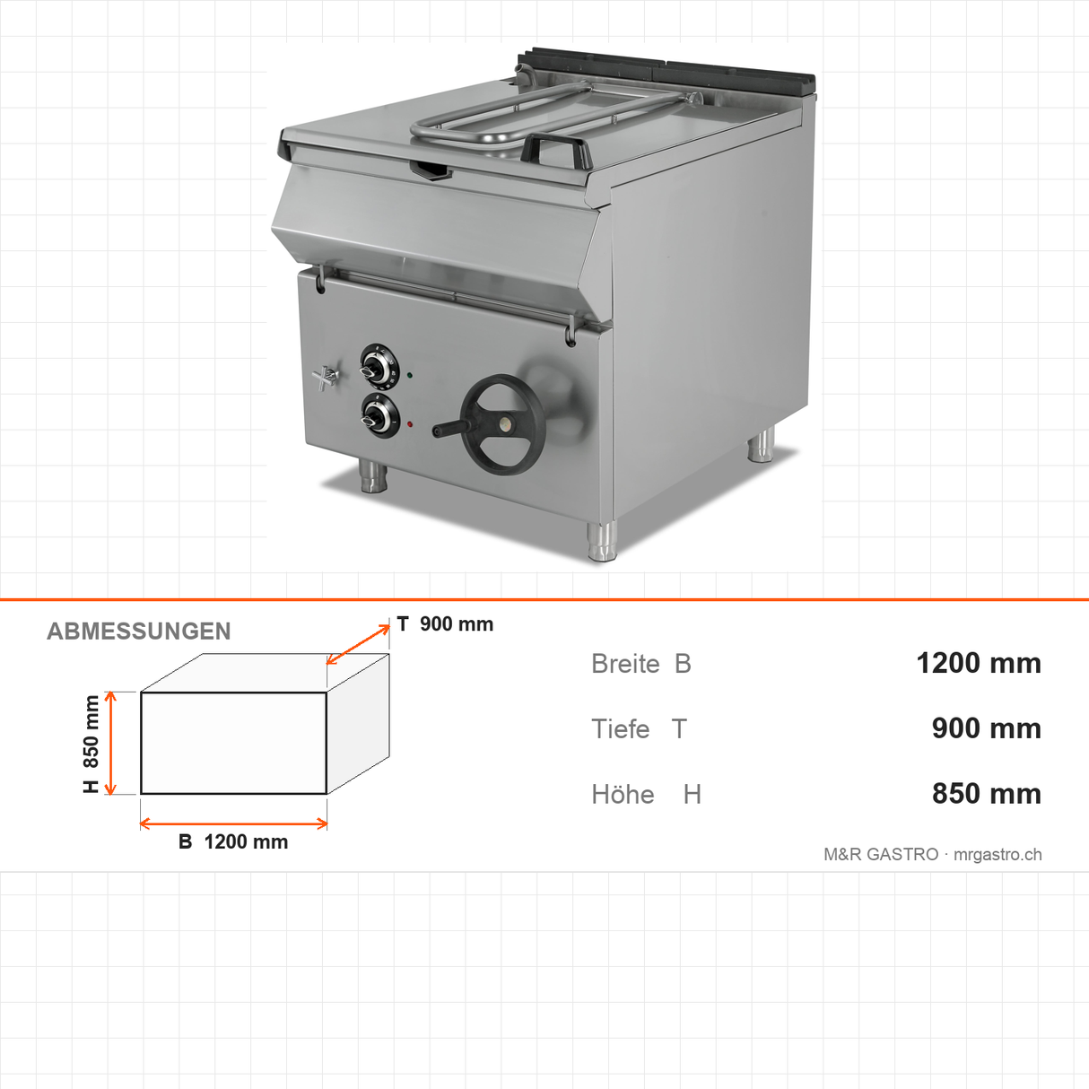 Elektro-Kippbratpfanne, 120 Liter, 12 kW, Handhebung, Thermostat, 400V, Edelstahl, 1200×900×850 mm, Serie 900 – Abmessungen