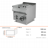 Elektro-Kippbratpfanne, 120 Liter, 12 kW, Handhebung, Thermostat, 400V, Edelstahl, 1200×900×850 mm, Serie 900 – Abmessungen