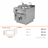 Gas-Kochkessel, indirekte Beheizung, 150 Liter, 16,1 kW, doppelwandig, Edelstahl, 800×900×850 mm, Serie 900 – Abmessungen