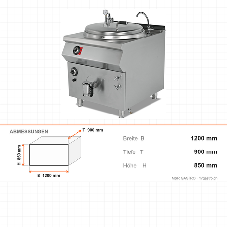 Gas-Kochkessel, indirekte Beheizung, 250 Liter, 32,2 kW, doppelwandig, Edelstahl, 1200×900×850 mm, Serie 900 – Abmessungen