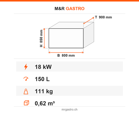 Elektro-Kochkessel, 150 Liter, 18 kW, doppelwandig, Thermostat, 400V, Edelstahl, 800×900×850 mm, Serie 900 – Technische Daten