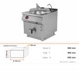 Elektro-Kochkessel, 150 Liter, 18 kW, doppelwandig, Thermostat, 400V, Edelstahl, 800×900×850 mm, Serie 900 – Abmessungen
