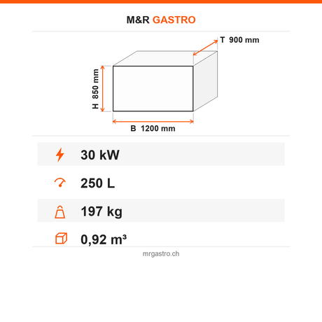 Elektro-Kochkessel, 250 Liter, 30 kW, doppelwandig, Thermostat, 400V, Edelstahl, 1200×900×850 mm, Serie 900 – Technische Daten