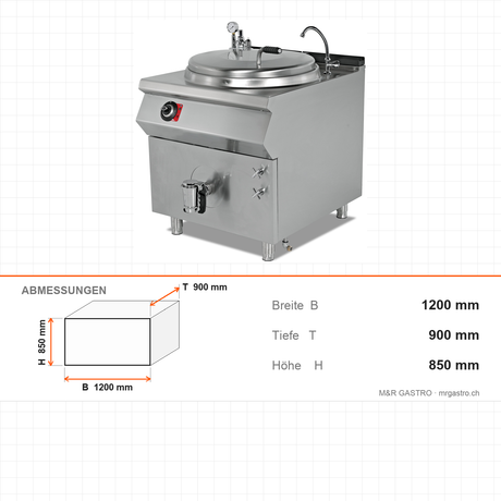 Elektro-Kochkessel, 250 Liter, 30 kW, doppelwandig, Thermostat, 400V, Edelstahl, 1200×900×850 mm, Serie 900 – Abmessungen