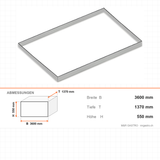 Edelstahlrahmen, robust, 3600×1370×550 mm, Serie 900 – Abmessungen