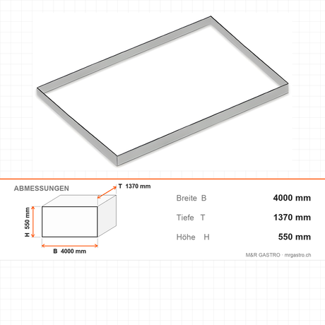 Edelstahlrahmen, robust, 4000×1370×550 mm, Serie 900 – Abmessungen
