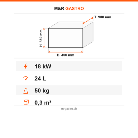 Elektro-Fritteuse, 24 Liter, 18 kW, Edelstahlkörbe, Thermostat, 400V, Edelstahl, 400×900×850 mm, Serie 900 – Technische Daten