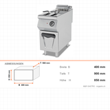 Elektro-Fritteuse, 24 Liter, 18 kW, Edelstahlkörbe, Thermostat, 400V, Edelstahl, 400×900×850 mm, Serie 900 – Abmessungen