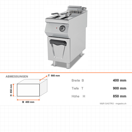 Elektro-Fritteuse, 24 Liter, 18 kW, Edelstahlkörbe, Thermostat, 400V, Edelstahl, 400×900×850 mm, Serie 900 – Abmessungen