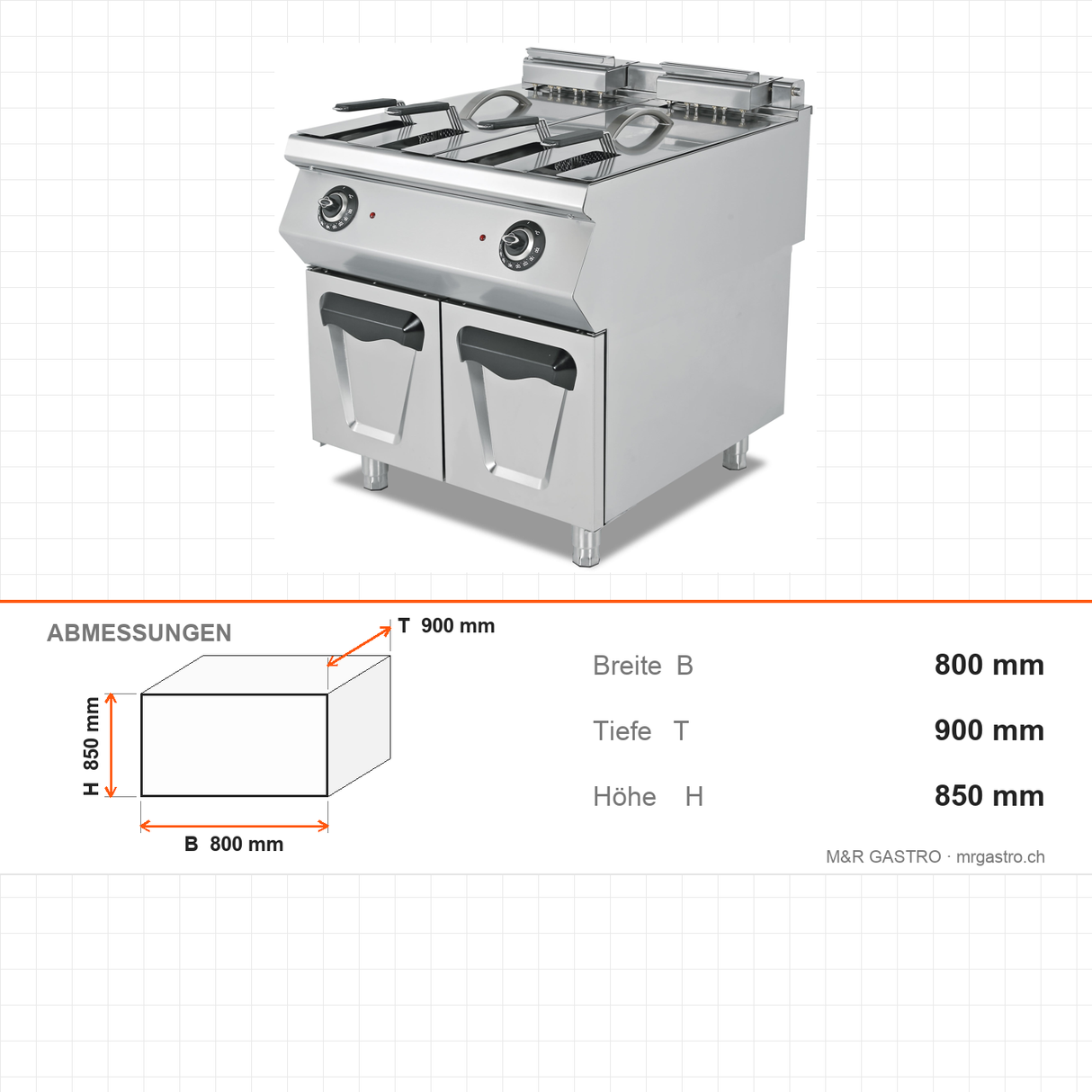 Elektro-Fritteuse, 2x 24 Liter, 36 kW, Edelstahlkörbe, Thermostat, 400V, Edelstahl, 800×900×850 mm, Serie 900 – Abmessungen