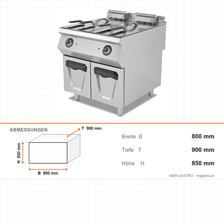 Elektro-Fritteuse, 2x 24 Liter, 36 kW, Edelstahlkörbe, Thermostat, 400V, Edelstahl, 800×900×850 mm, Serie 900 – Abmessungen