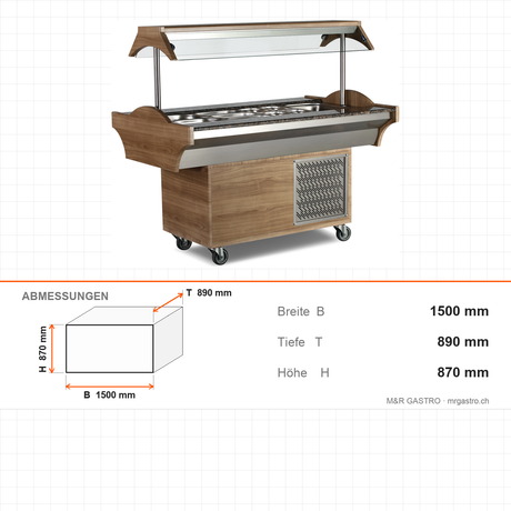 Saladette Salatbar, gekühlt, 4x GN 1/1, Glasaufsatz, LED-Beleuchtung, R-290, 1500×890×870 mm – Abmessungen
