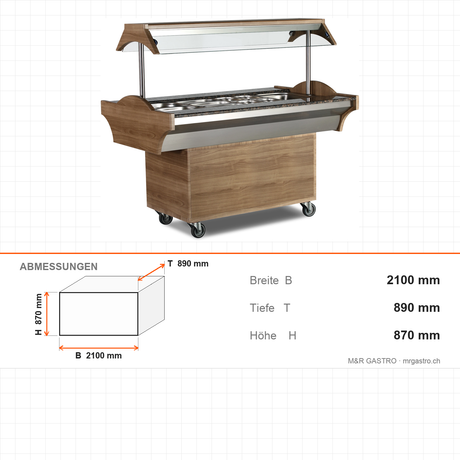 Buffettheke warm, 6x GN 1/1, 3,5 kW, Edelstahlwanne, Glasaufsatz, LED, 2100×890×870 mm – Abmessungen