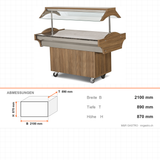 Buffettheke neutral, Granitplatte, Glasaufsatz, LED-Beleuchtung, 2100×890×870 mm – Abmessungen