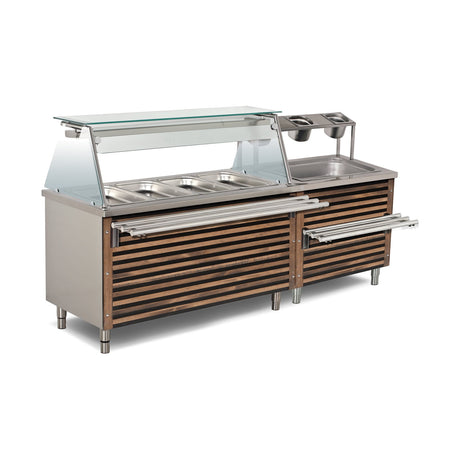 Bain-Marie Serviceeinheit, GN 2/1 150 mm, Holzdekor, LED, Edelstahl, 800×790×850 mm – Produktbild