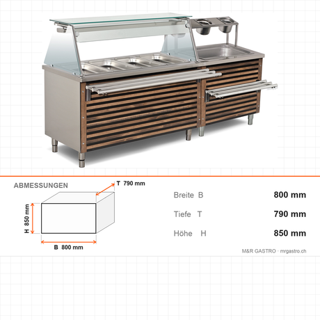 Bain-Marie Serviceeinheit, GN 2/1 150 mm, Holzdekor, LED, Edelstahl, 800×790×850 mm – Abmessungen