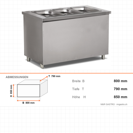 Bain-Marie Serviceeinheit, 2x GN 1/1, 3,6 kW, Wasserablass, LED, Edelstahl, 800×790×850 mm – Abmessungen