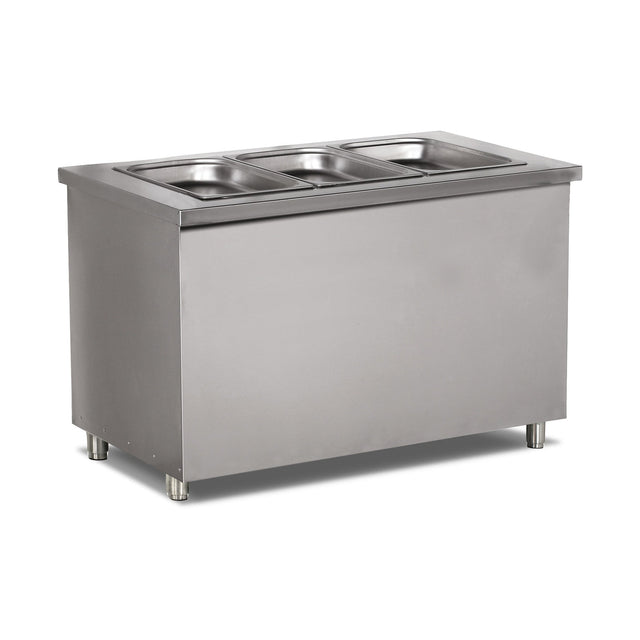 Bain-Marie Serviceeinheit, 3x GN 1/1, 3,6 kW, Wasserablass, LED, Edelstahl, 1250×790×850 mm – Produktbild