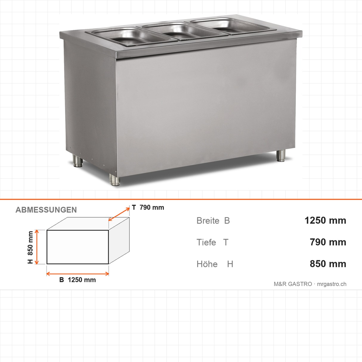 Bain-Marie Serviceeinheit, 3x GN 1/1, 3,6 kW, Wasserablass, LED, Edelstahl, 1250×790×850 mm – Abmessungen