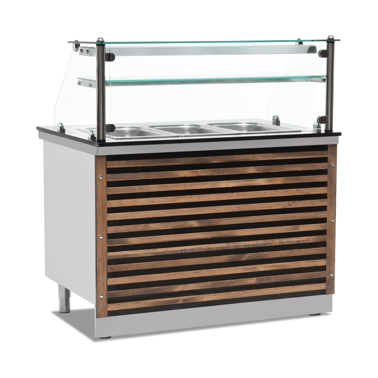 Dunkelbraunes Holzdekor für Buffettheke – Bain-Marie 3× GN 1/1 – für 1250 mm Gerätebreite