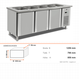 Kühltheke, 3x GN 1/1, digitale Steuerung, LED-Beleuchtung, 0/+5 °C, 1250×790×850 mm, Edelstahl – Abmessungen