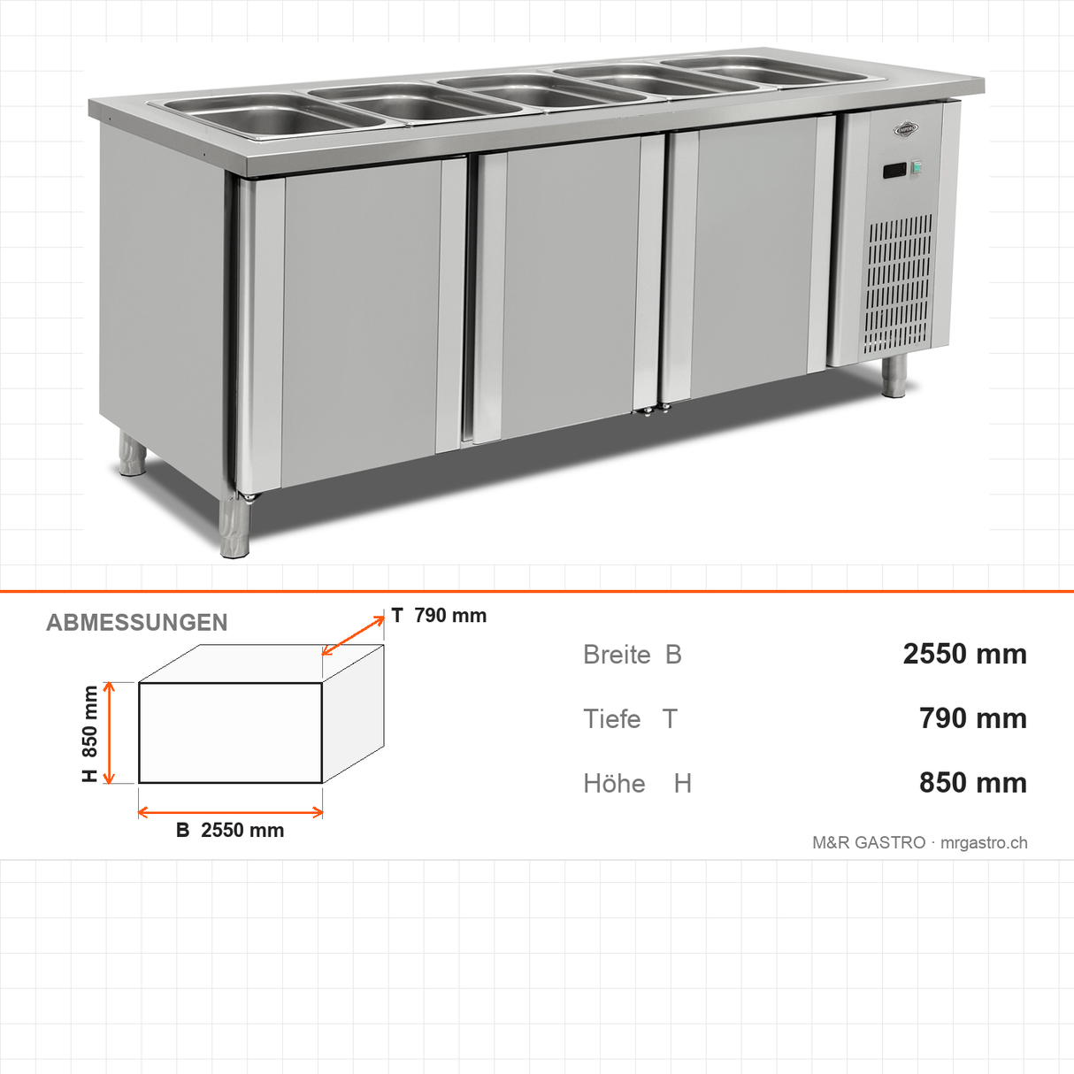 Kühltheke, 7x GN 1/1, digitale Steuerung, LED-Beleuchtung, 0/+5 °C, 2550×790×850 mm, Edelstahl – Abmessungen