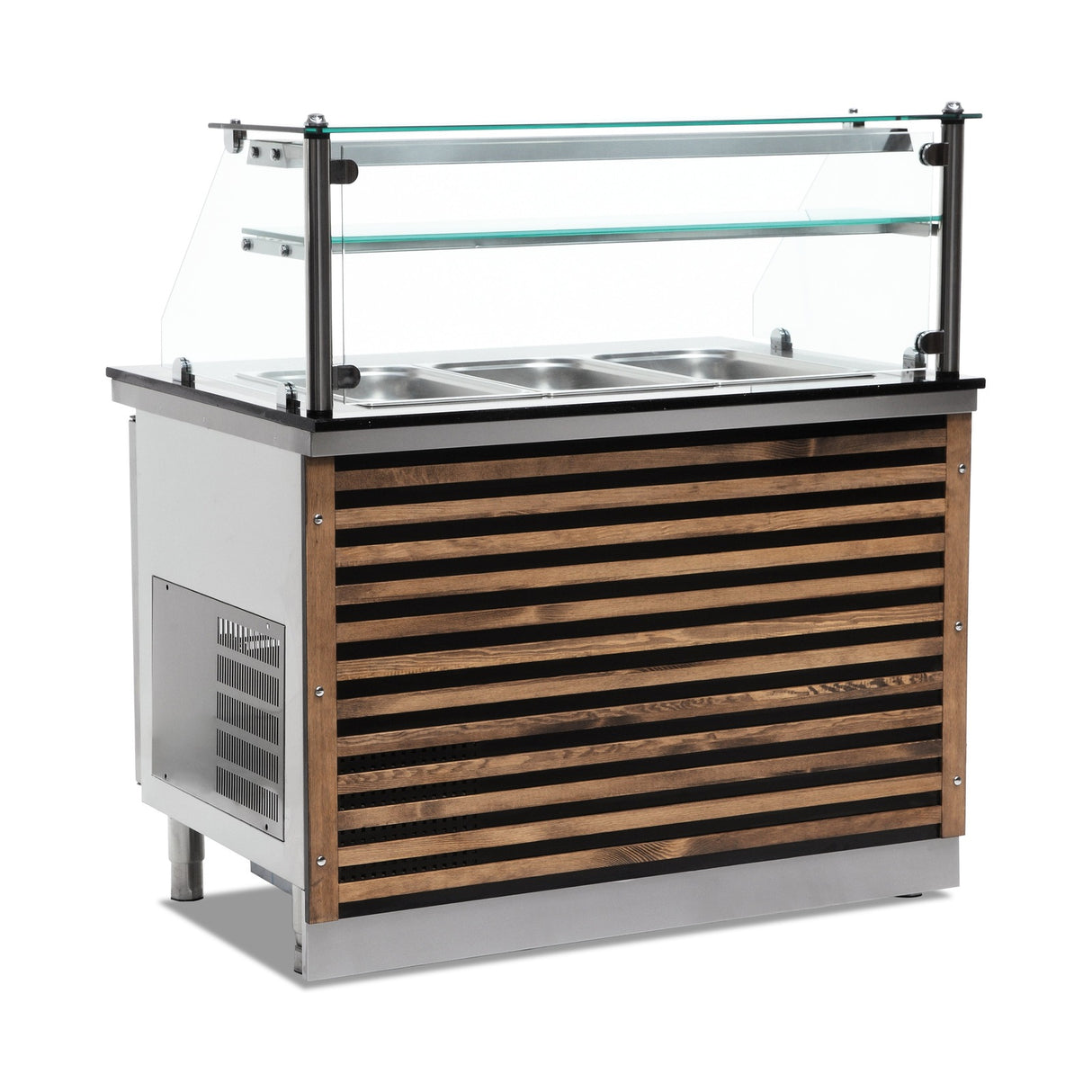 Hellbraunes Holzdekor für Buffettheke – Kaltservice 4× GN 1/1 – für 1500 mm Gerätebreite