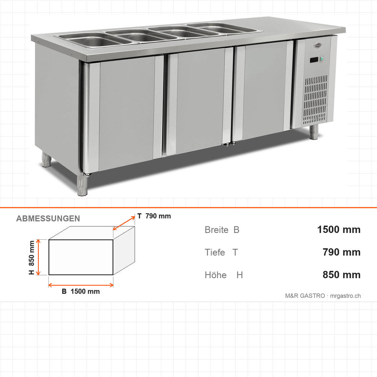 Kühltheke, 3x GN 1/1, digitale Steuerung, Umluftkühlung, 0/+5 °C, 1500×790×850 mm, Edelstahl – Abmessungen