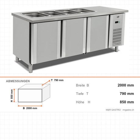 Kühltheke, 4x GN 1/1, digitale Steuerung, Umluftkühlung, 0/+5 °C, 2000×790×850 mm, Edelstahl – Abmessungen