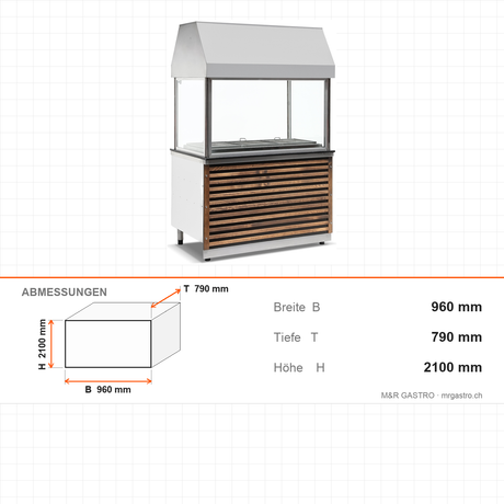 Display-Kohlegrill mit Haube, Schamottstein, 80 cm Grillfläche, temperiertes Glas, Filterhaube, Kohleschublade, Edelstahl, 960×790×2100 mm – Abmessungen