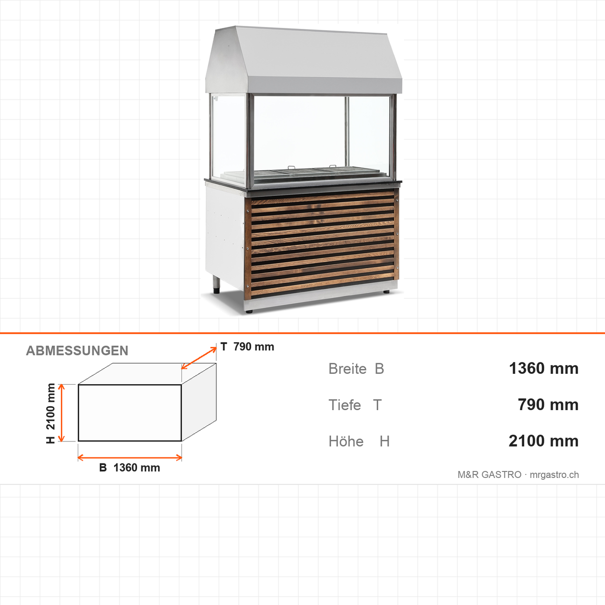 Display-Kohlegrill mit Haube, Schamottstein, 120 cm Grillfläche, temperiertes Glas, Filterhaube, Kohleschublade, Edelstahl, 1360×790×2100 mm – Abmessungen