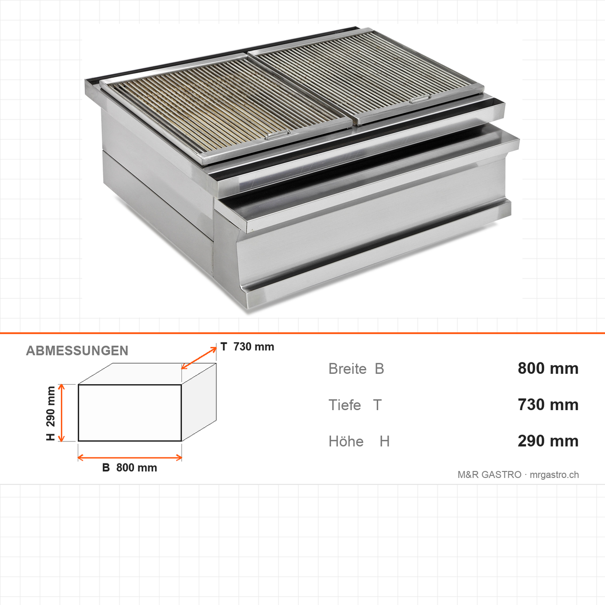 Kohlegrill, Edelstahl, feuerfester Stein, Ascheschublade, 800×730×290 mm – Abmessungen