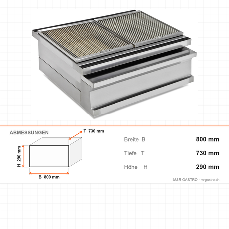Kohlegrill, Edelstahl, feuerfester Stein, Ascheschublade, 800×730×290 mm – Abmessungen