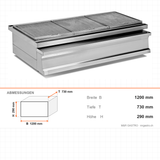 Kohlegrill, Edelstahl, feuerfester Stein, Ascheschublade, 1200×730×290 mm – Abmessungen